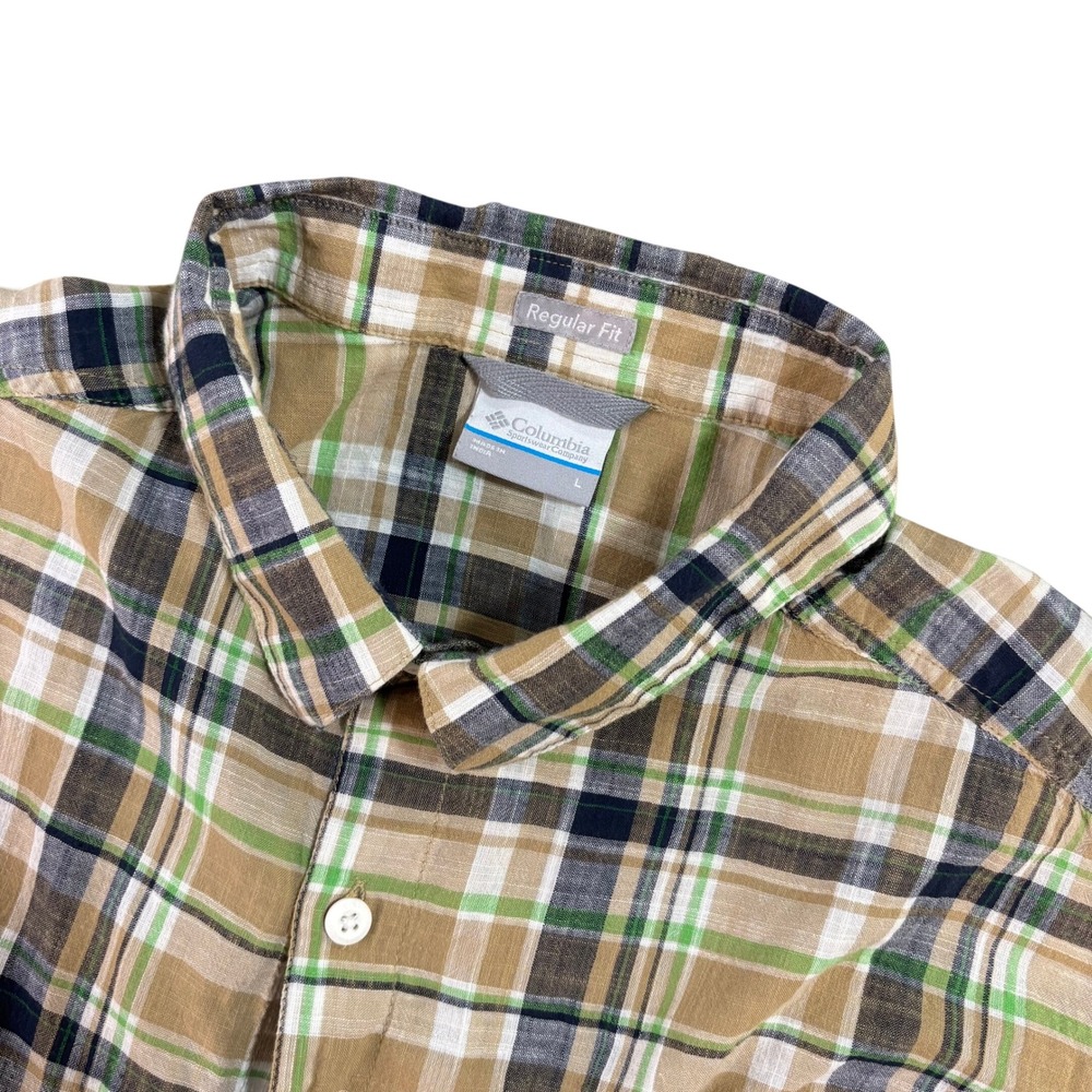 Columbia Mens Plaid‎ Short Sleeve Button Down Shirt Tan Green Large